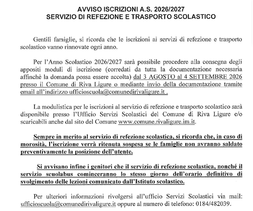 Avviso - Servizio di refezione e trasporto scolastico