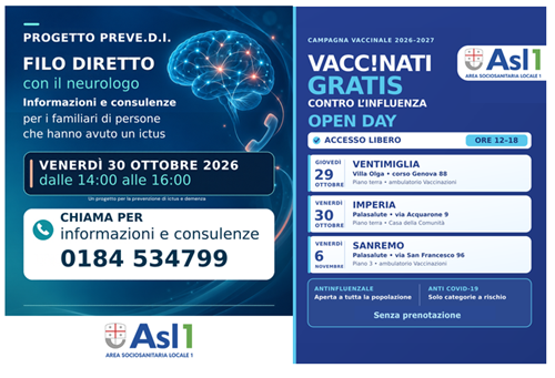 Campagna vaccinale 2026 - 2027: Open Day a Ventimiglia Imperia e Sanremo e Filodiretto con il Neurologo