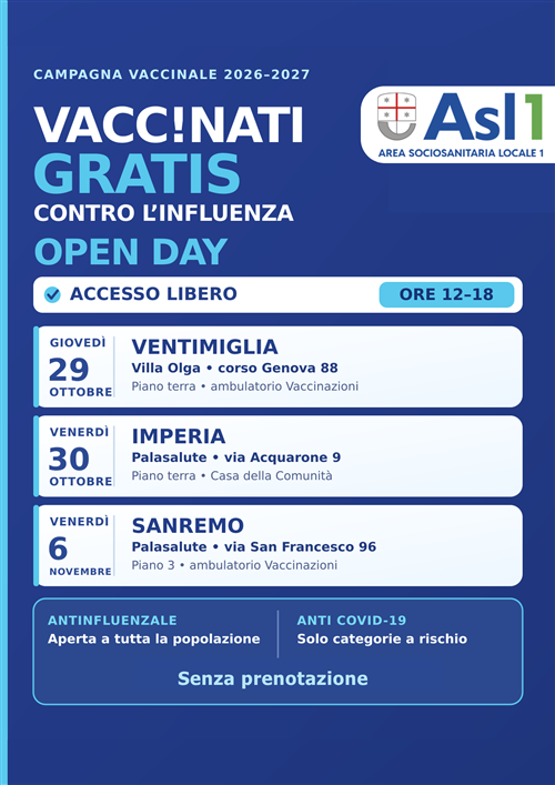 Campagna vaccinale 2026 - 2027: Open Day a Ventimiglia Imperia e Sanremo e Filodiretto con il Neurologo
