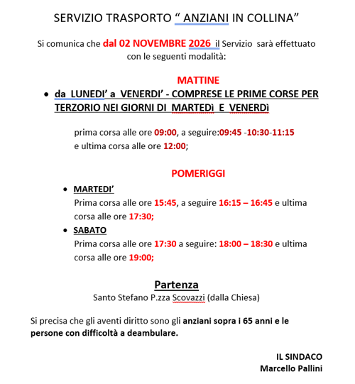 Servizio Trasporto Anziani dal 02/11/2026